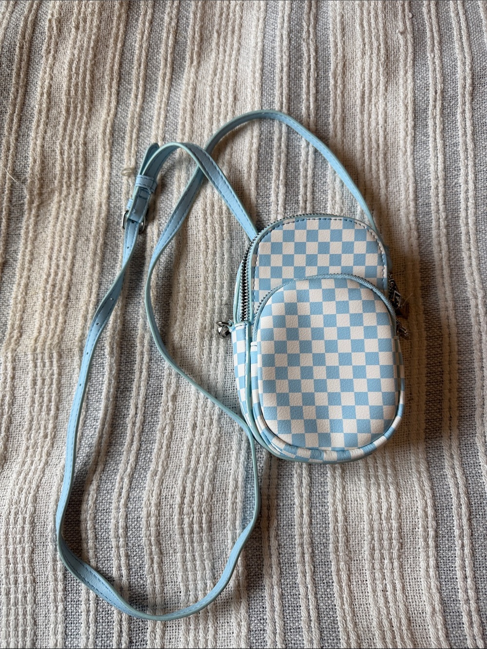 Pastel Blue Checkered Crossbody Bag with Adjustable Strap